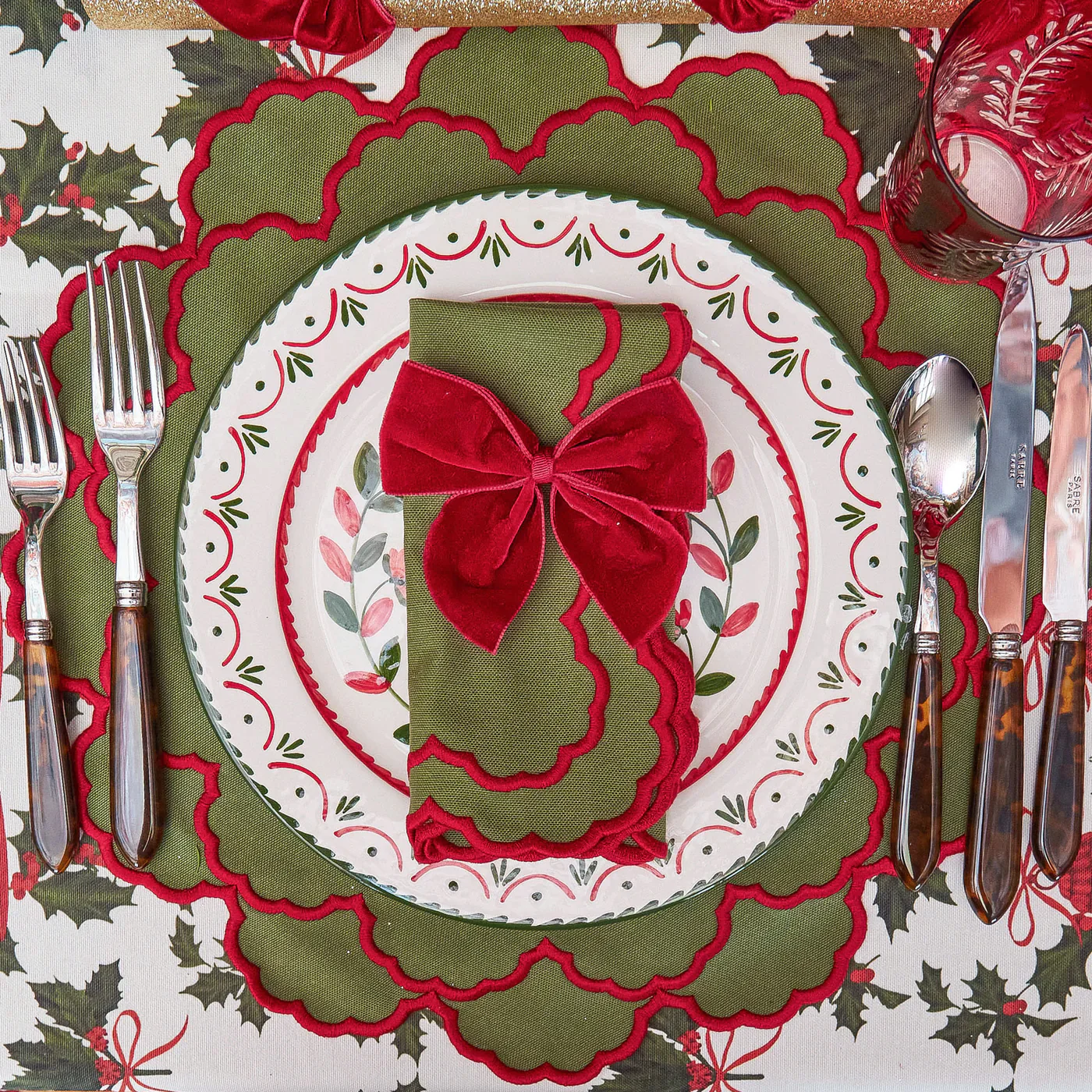 Lily Green & Red Placemats & Napkins (Set of 4) - Image 6