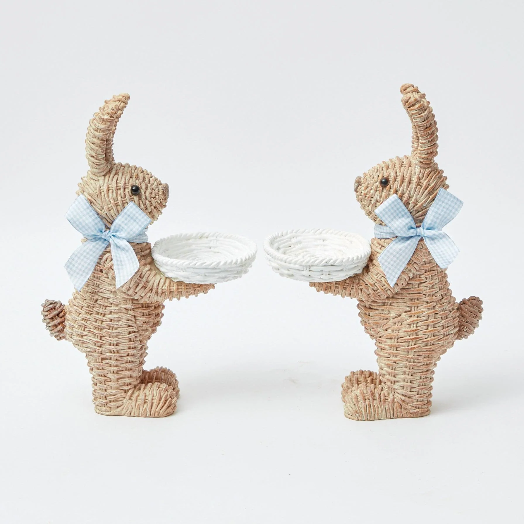 Rattan Blue Gingham Ribboned Rabbit With Basket (Pair)