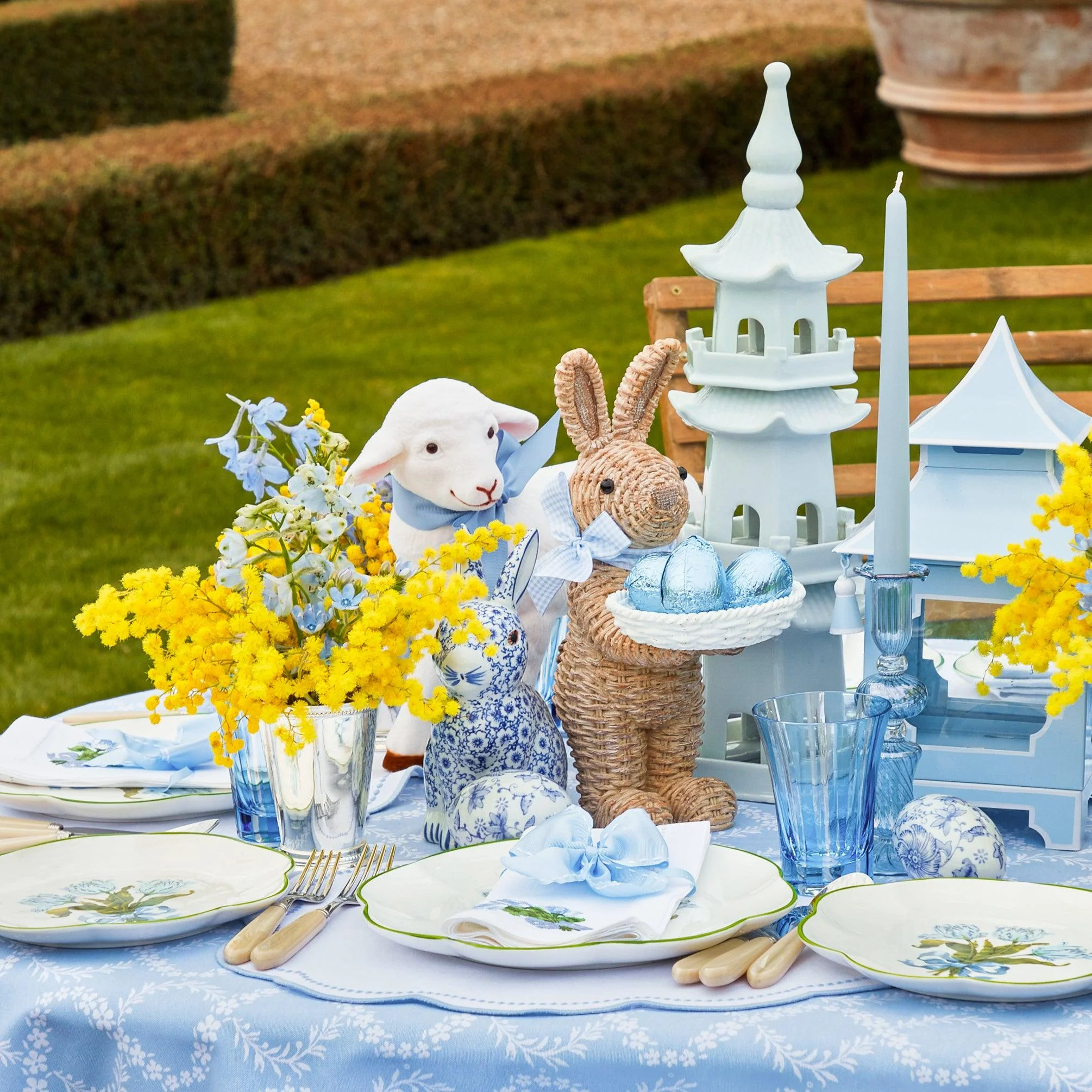 Rattan Blue Gingham Ribboned Rabbit With Basket (Pair) - Image 2
