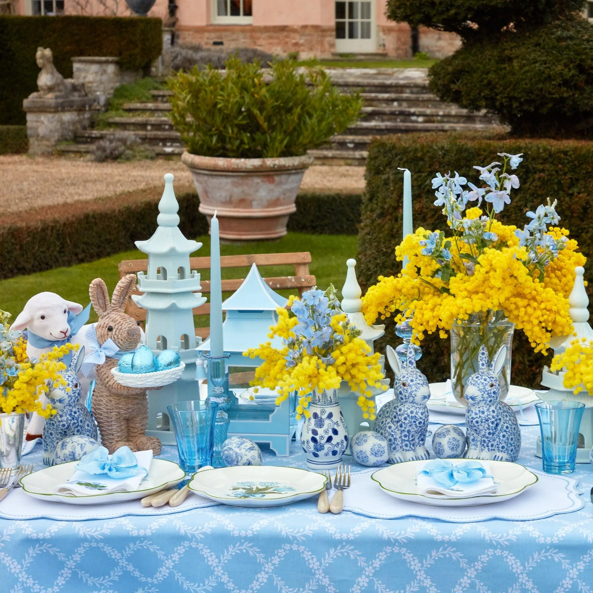 Rattan Blue Gingham Ribboned Rabbit With Basket (Pair) - Image 3