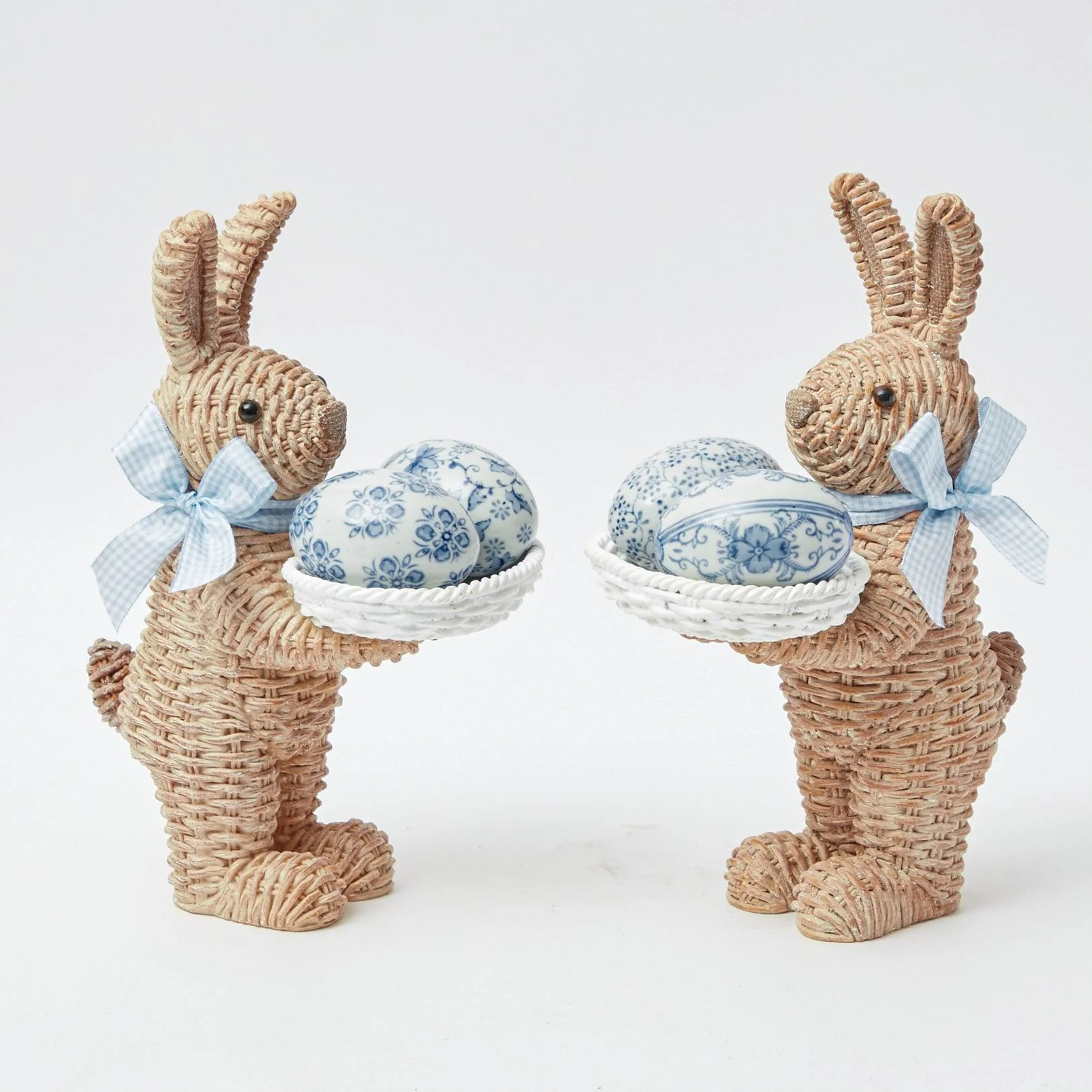 Rattan Blue Gingham Ribboned Rabbit With Basket (Pair) - Image 4