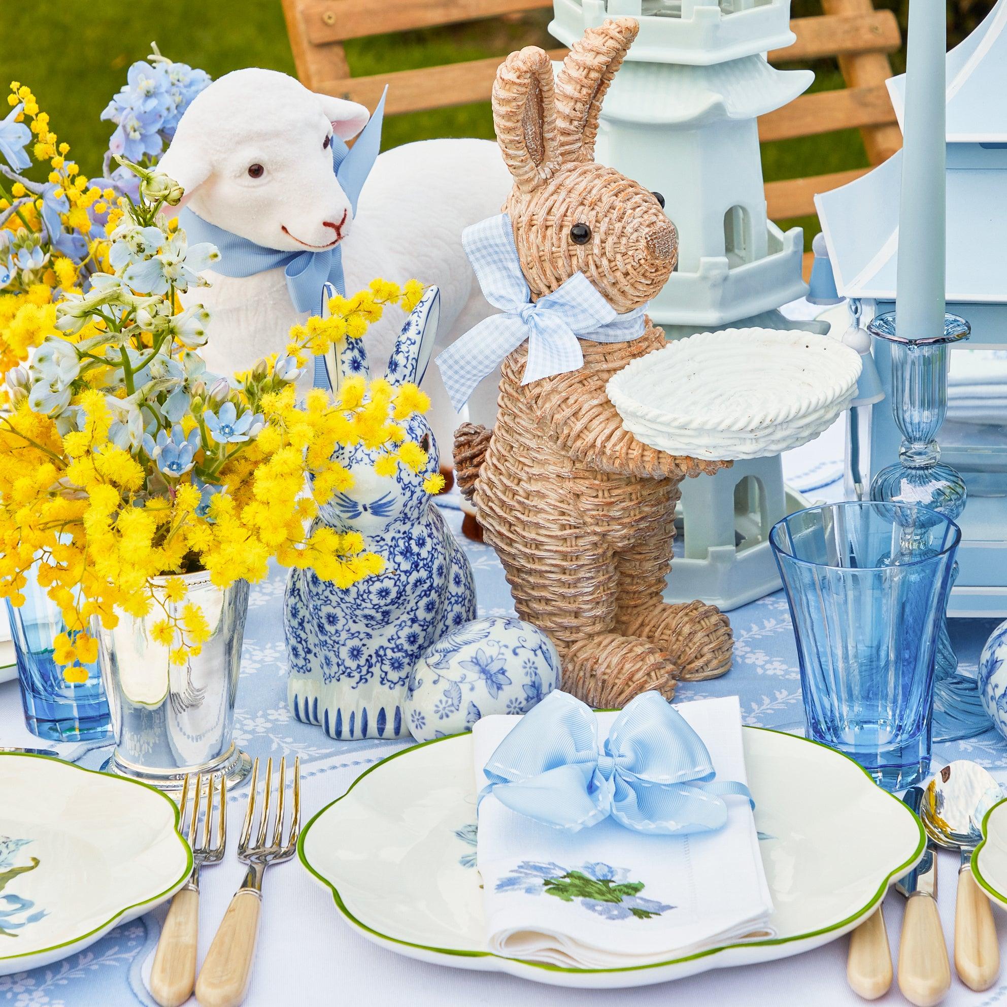 Rattan Blue Gingham Ribboned Rabbit With Basket (Pair) - Image 5