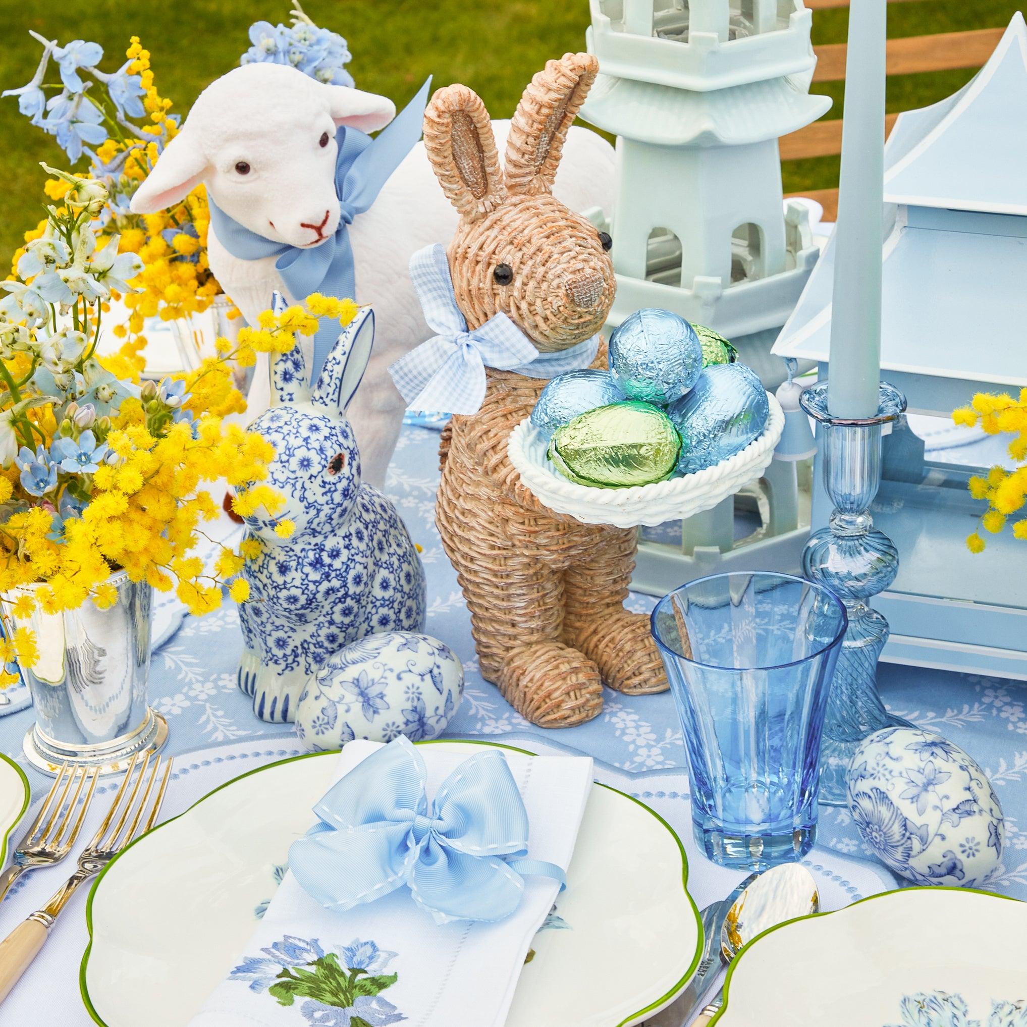 Rattan Blue Gingham Ribboned Rabbit With Basket (Pair) - Image 7