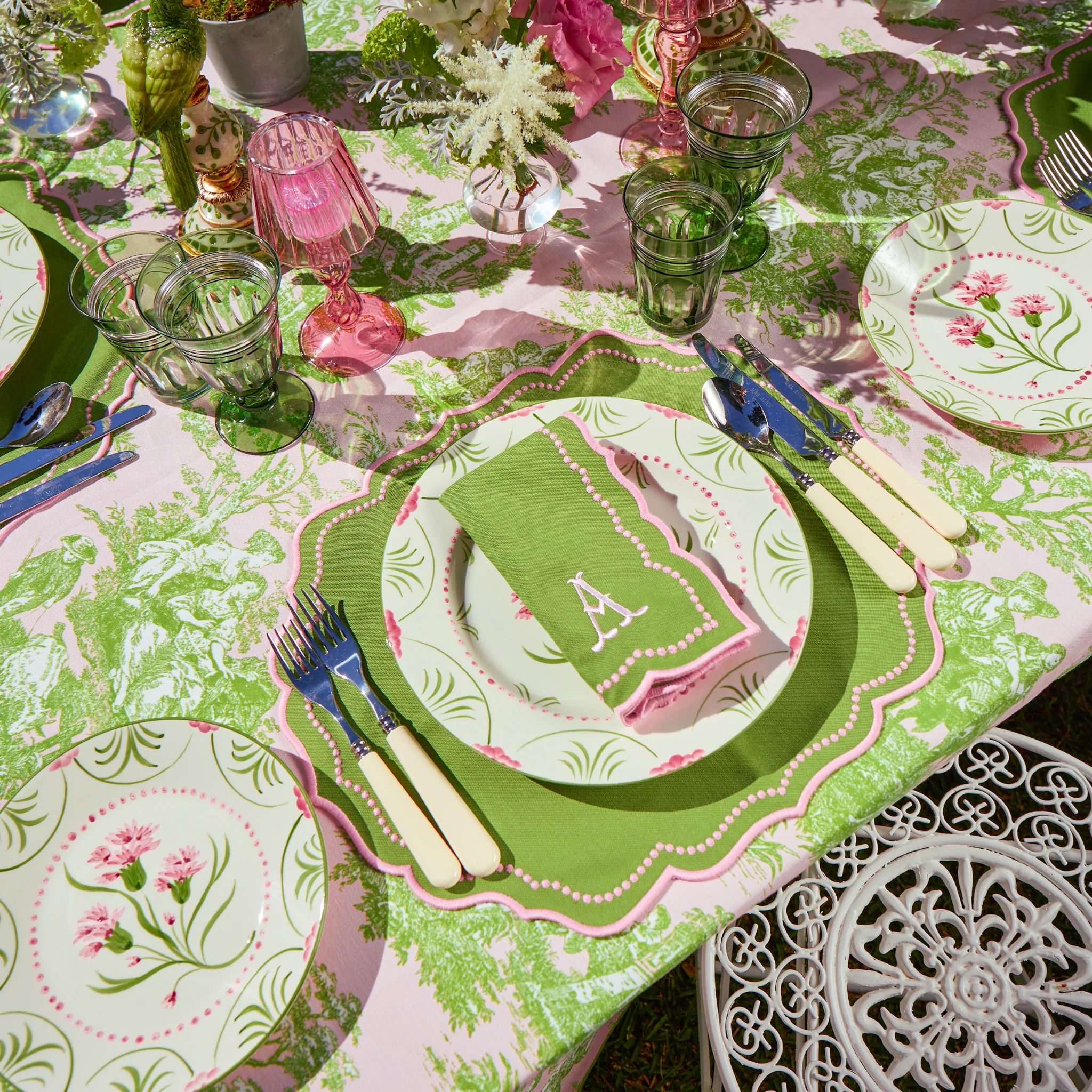 Pink & Green Ottilie Toile Tablecloth - Image 5