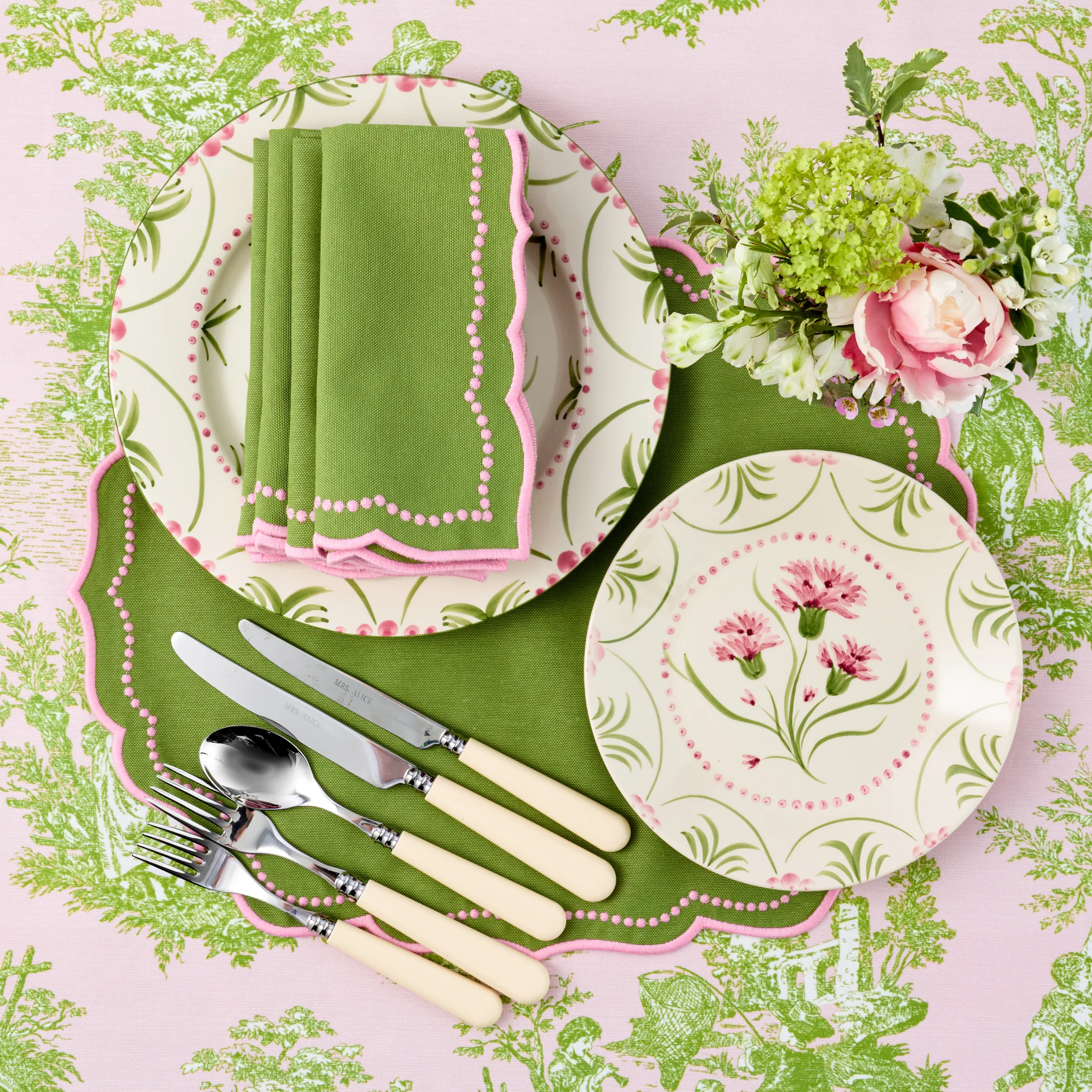 Pink & Green Ottilie Toile Tablecloth - Image 7