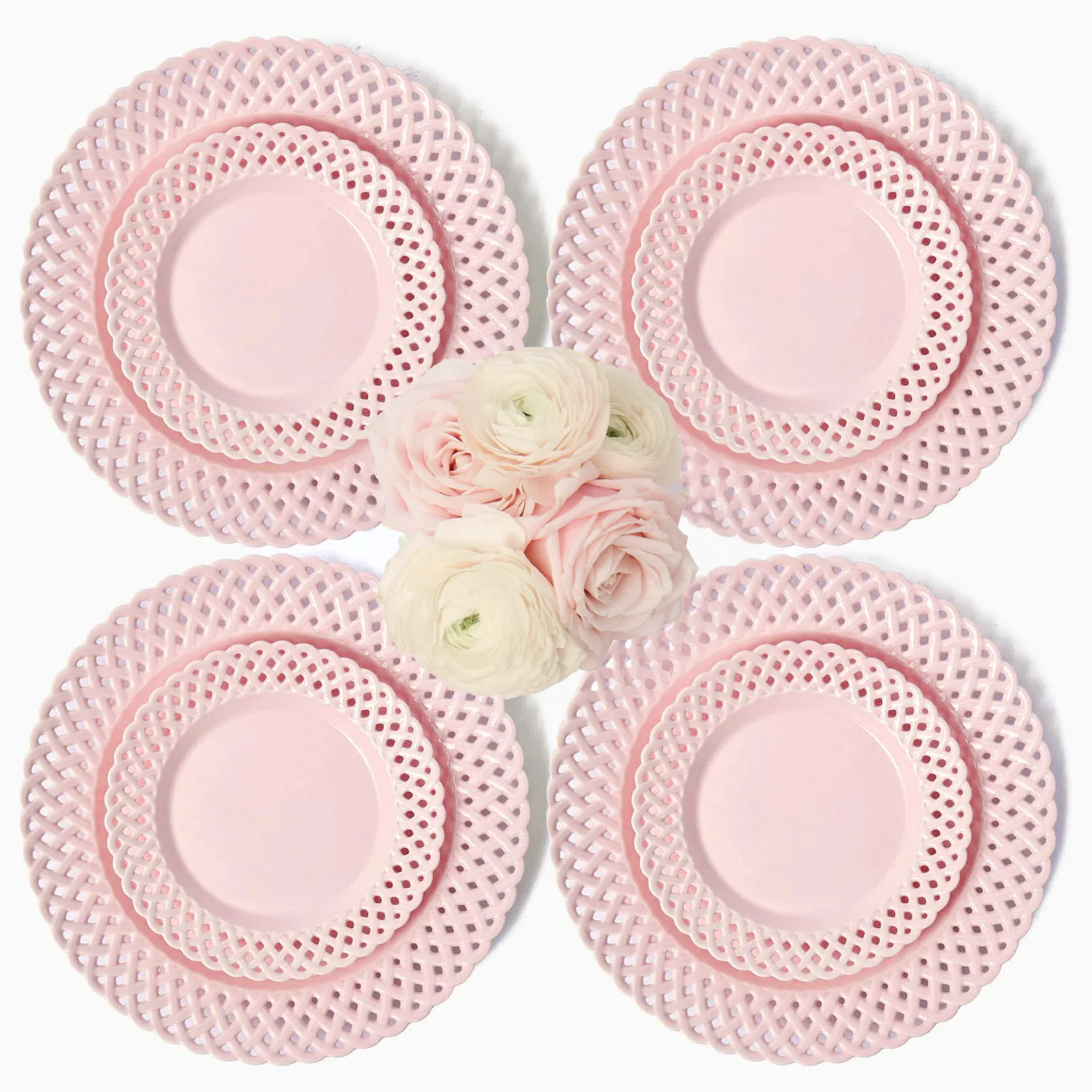 Pink Basketweave Dinner & Starter Plates (Set of 8)