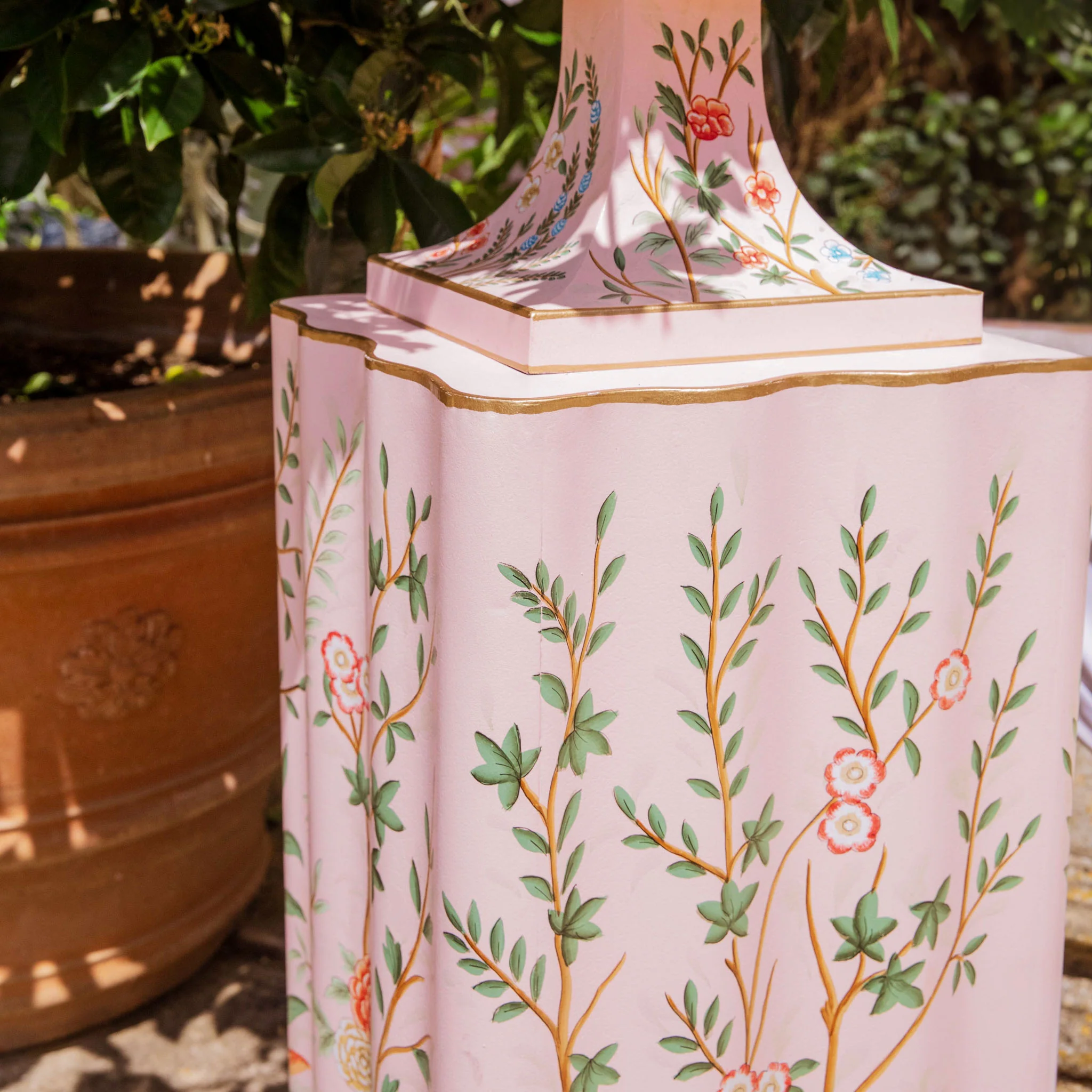 Pink Chinoiserie Tole Urn & Pedestal - Image 10