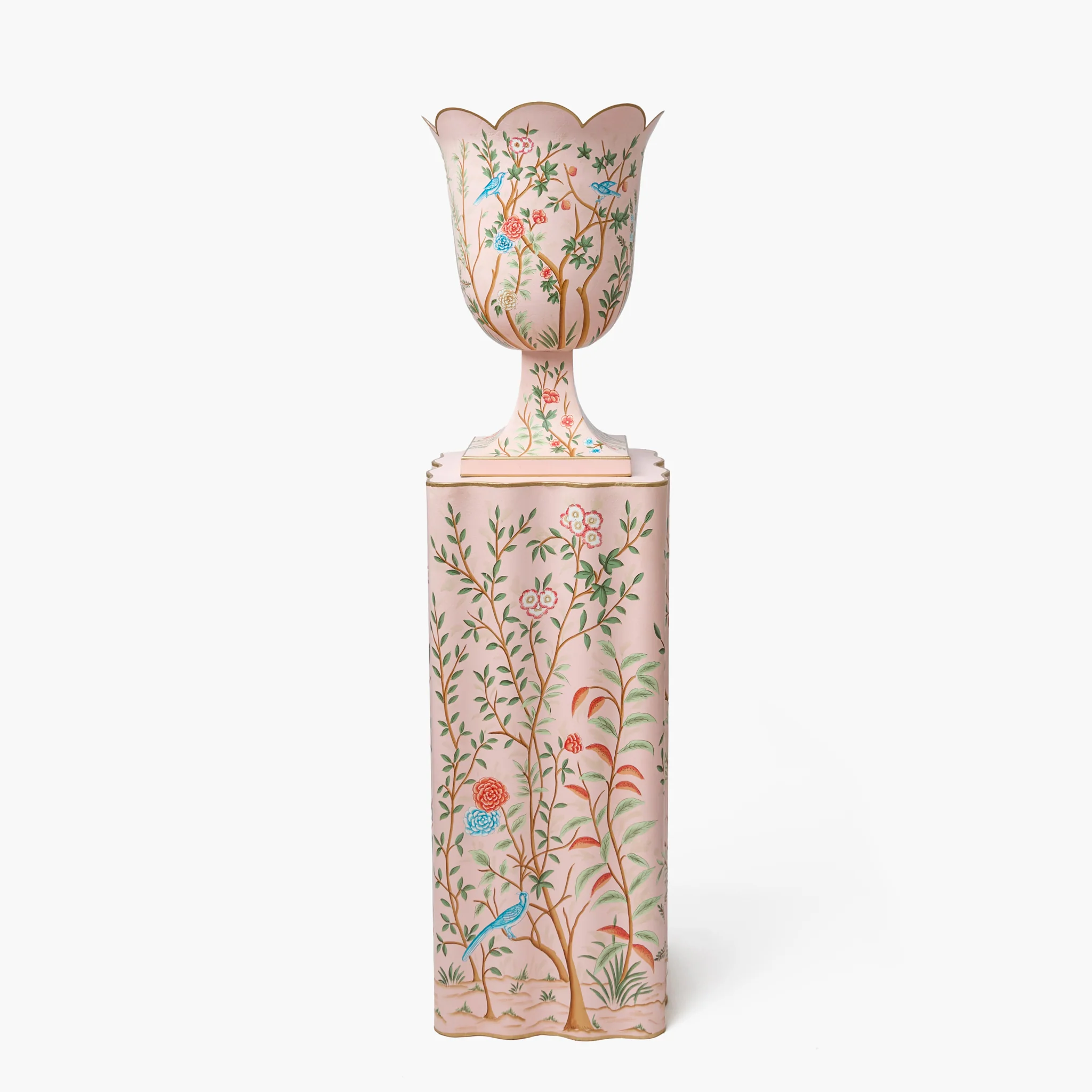 Pink Chinoiserie Tole Urn & Pedestal - Image 11