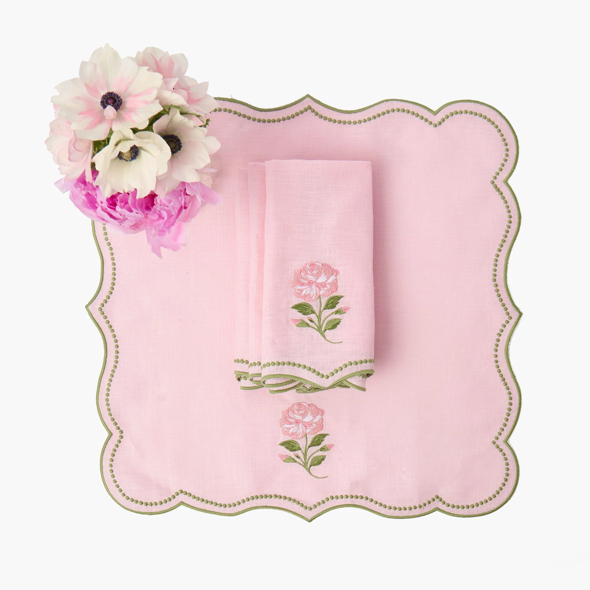 Rose Pink Embroidered Linen Napkins (Set of 4)