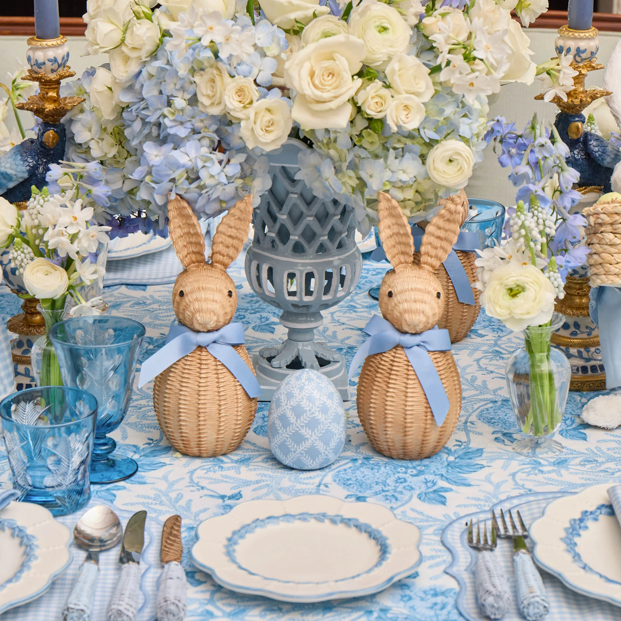 Rattan Bunny with Blue Bow (Pair) - Image 2