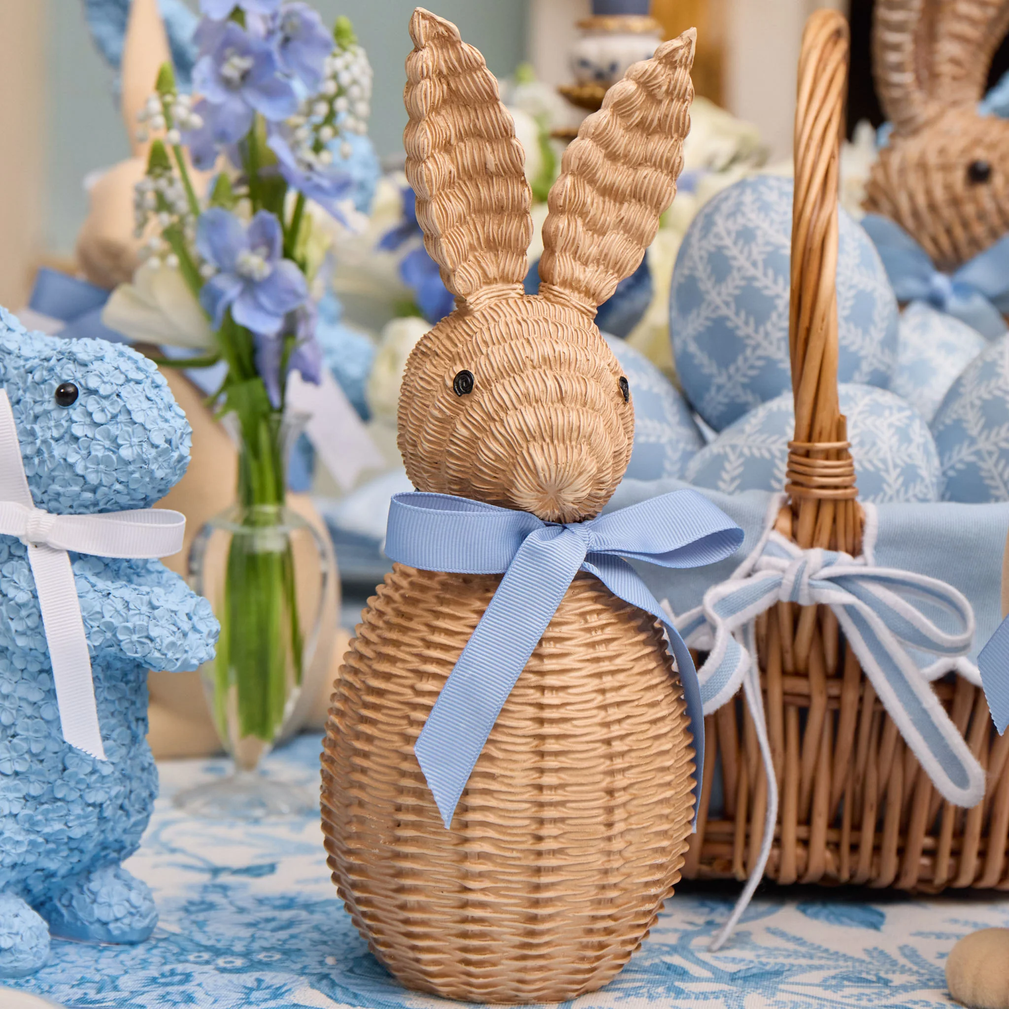 Rattan Bunny with Blue Bow (Pair) - Image 3