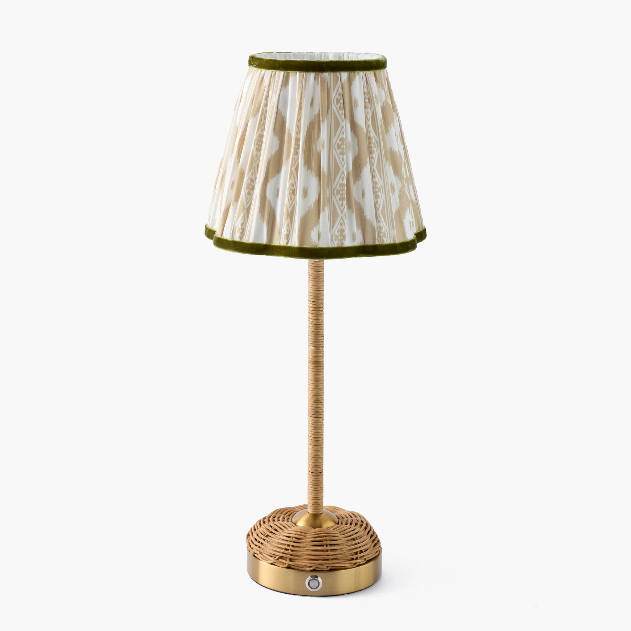 Rattan Ida Rechargeable Lamp with Putty & Green Ikat Shade (18cm)