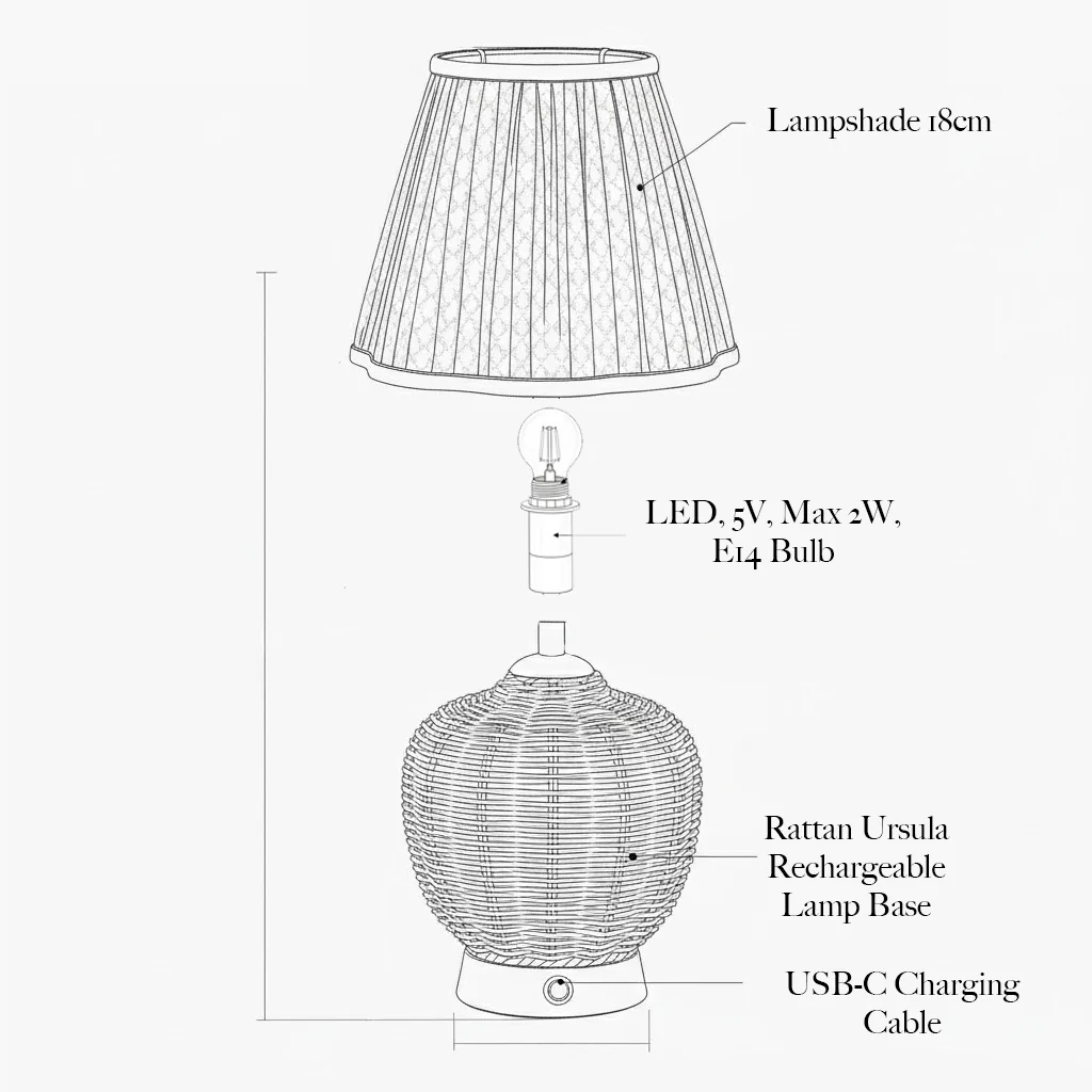 Rattan Ursula Rechargeable Lamp with Blue & Green Ikat Shade (18cm) - Image 4
