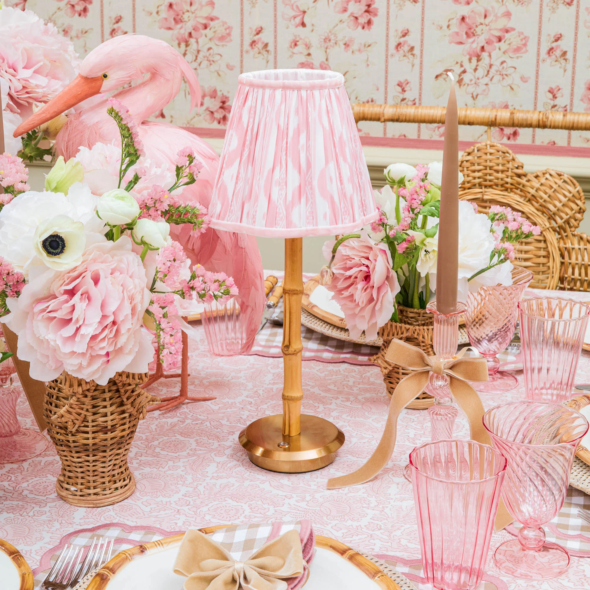 Bamboo Rechargeable Lamp with Pink Ikat Shade (18cm) - Image 3