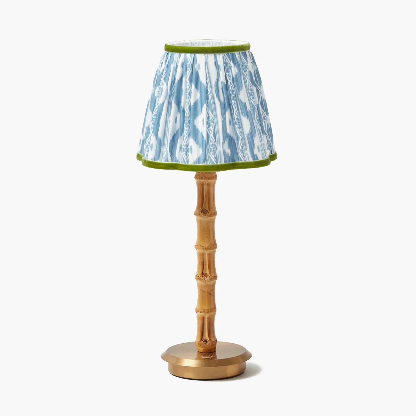 Bamboo Rechargeable Lamp with Blue & Green Ikat Shade (18cm)
