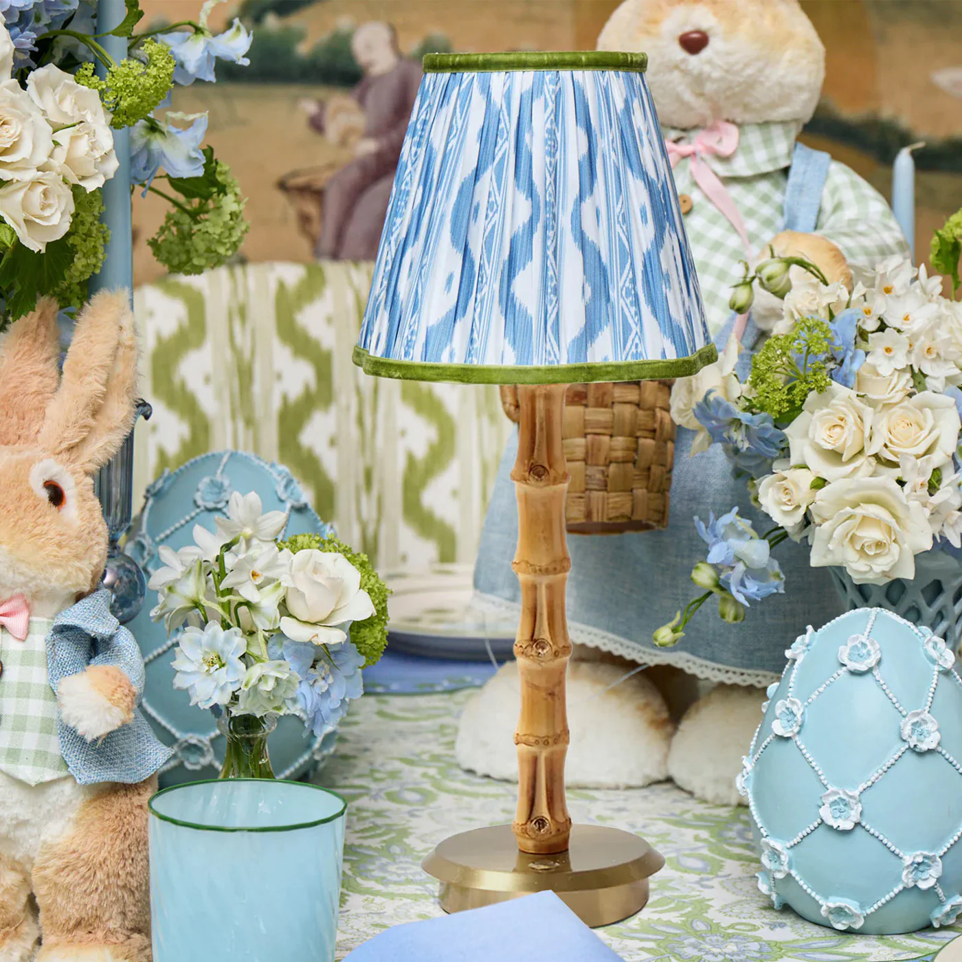 Bamboo Rechargeable Lamp with Blue & Green Ikat Shade (18cm) - Image 2