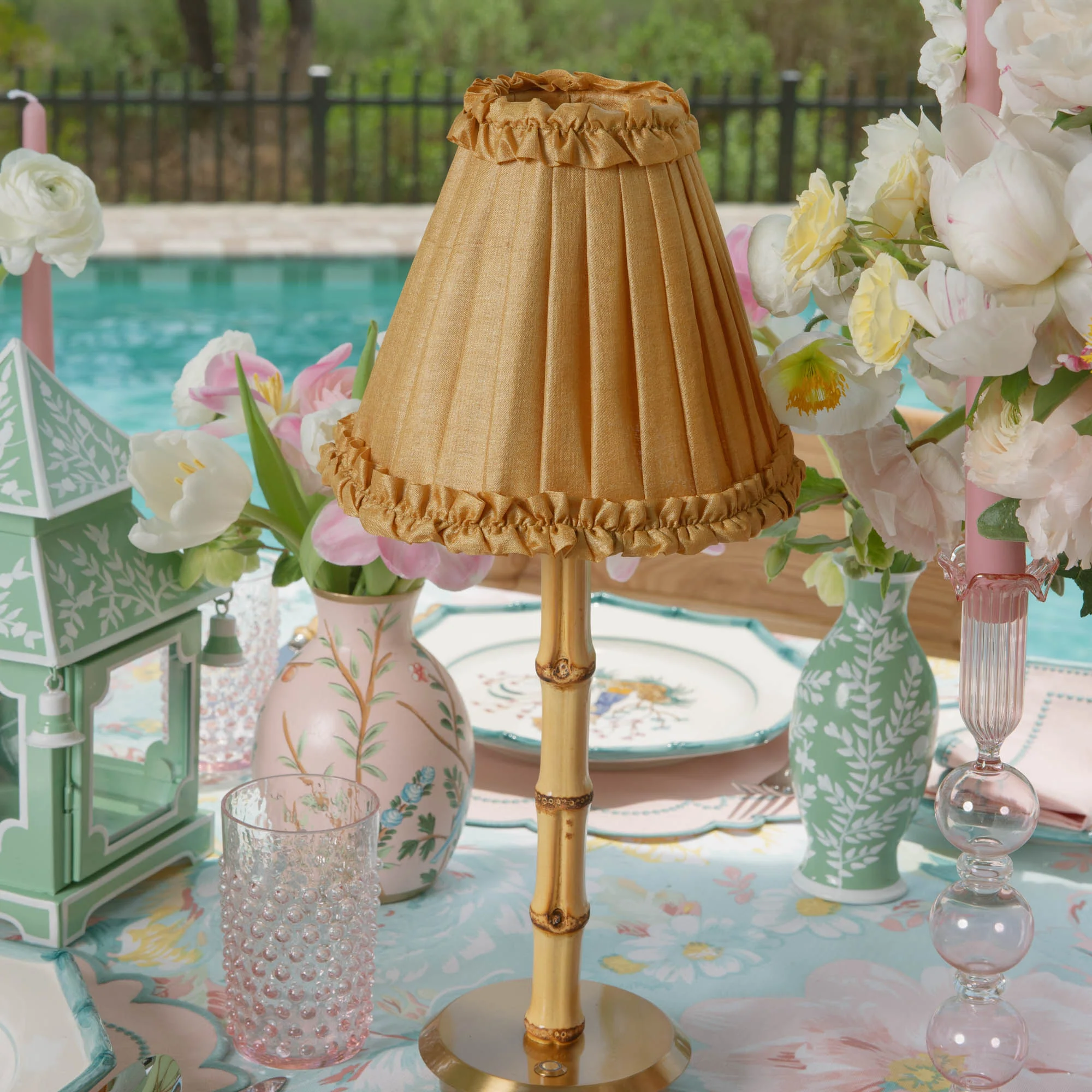 Bamboo Rechargeable Lamp with Caramel Silk Frilled Shade (18cm) - Image 2