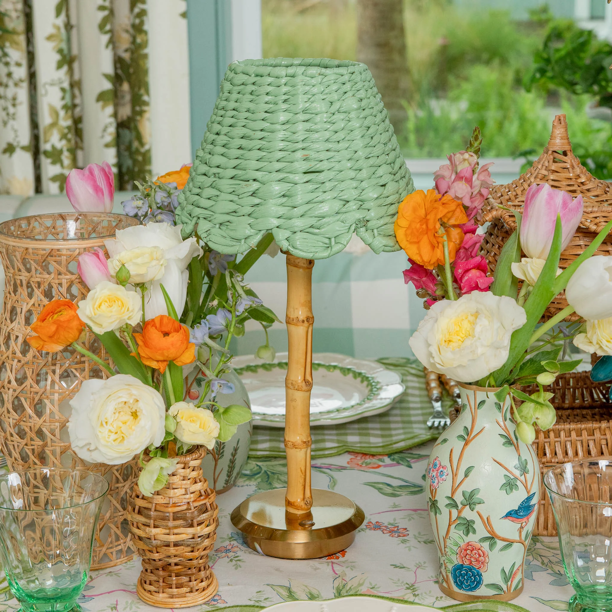 Bamboo Rechargeable Lamp with Green Seagrass Shade (20cm) - Image 2