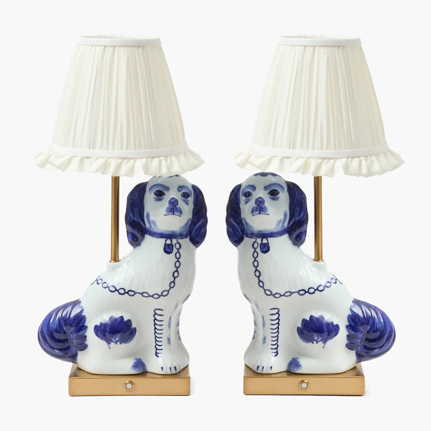 Pair of Staffordshire Dog Rechargeable Lamps with Cream Ruffle Shade (18cm)