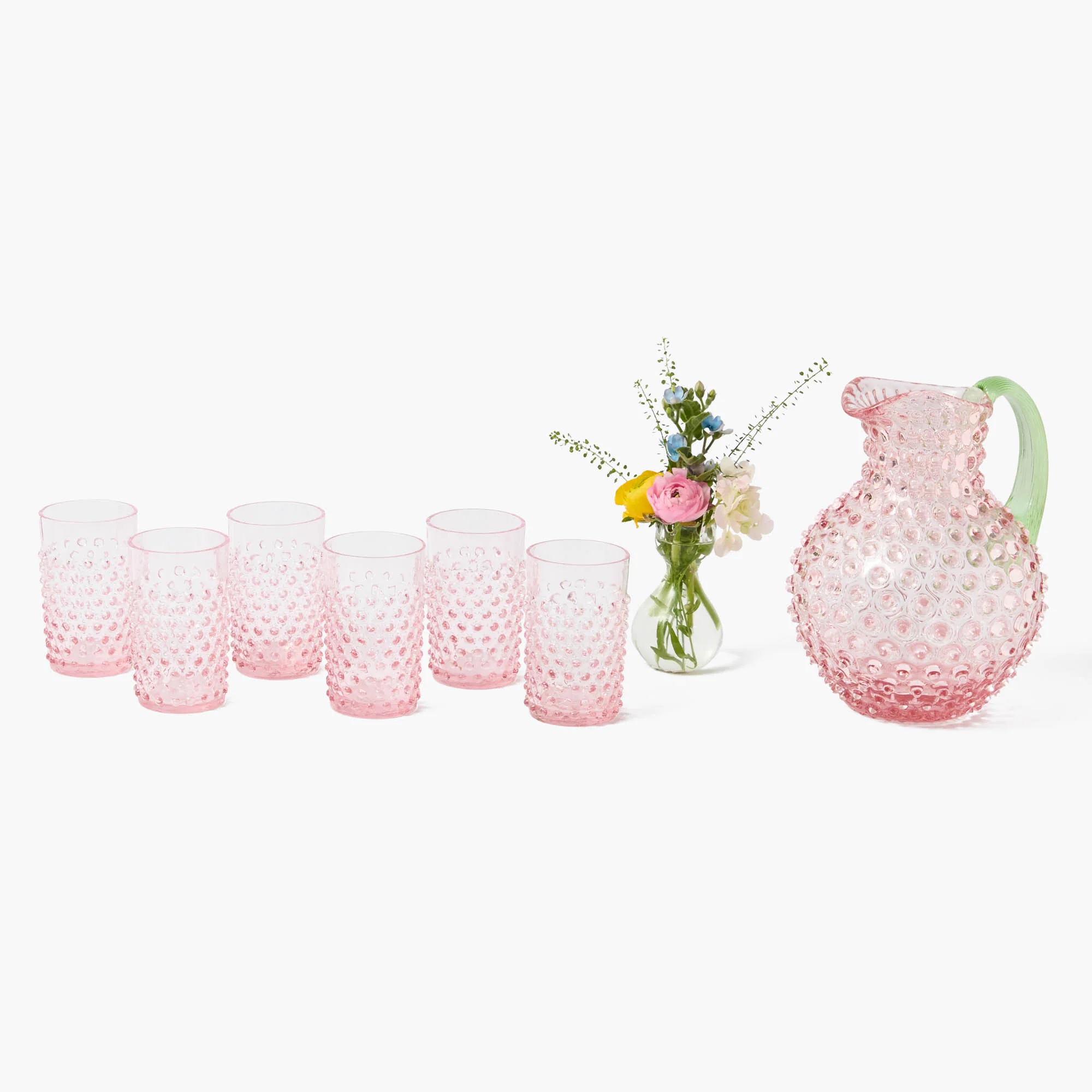 Rose Hobnail Jug with Emerald Handle & Glasses (Set of 6) - Image 8