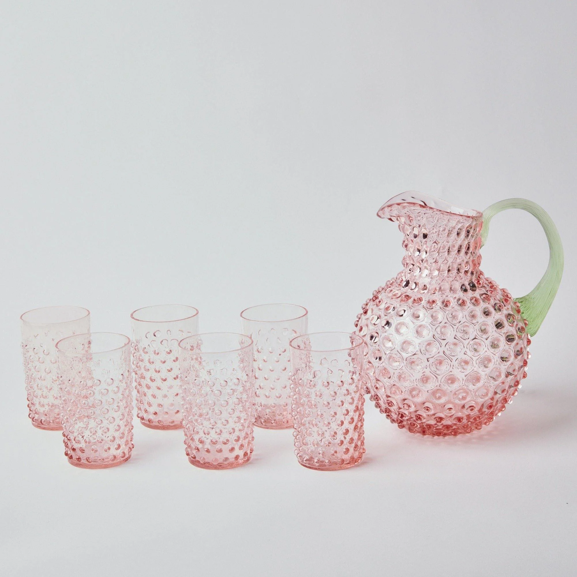 Rose Hobnail Jug with Emerald Handle & Glasses (Set of 6) - Image 9