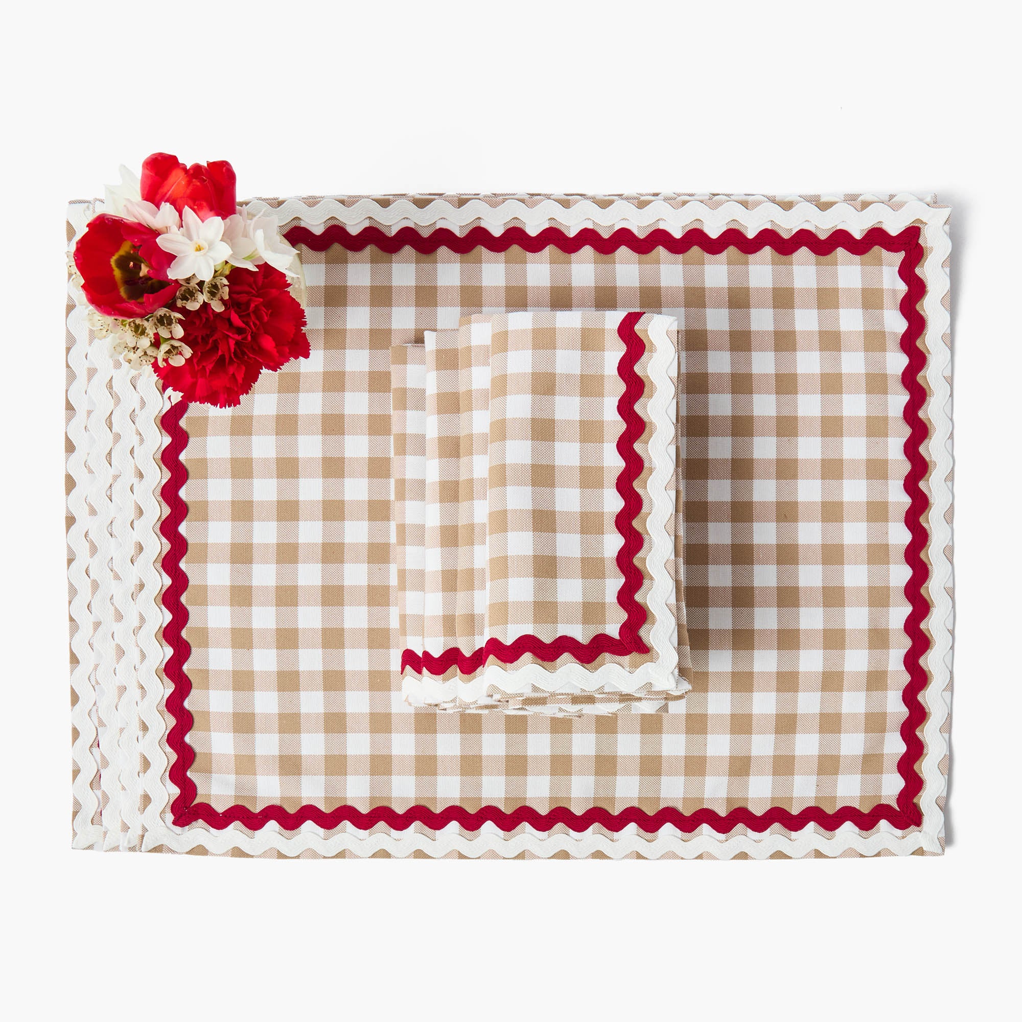Rossina Putty Gingham & Red Placemats & Napkins (Set of 4) - Image 3