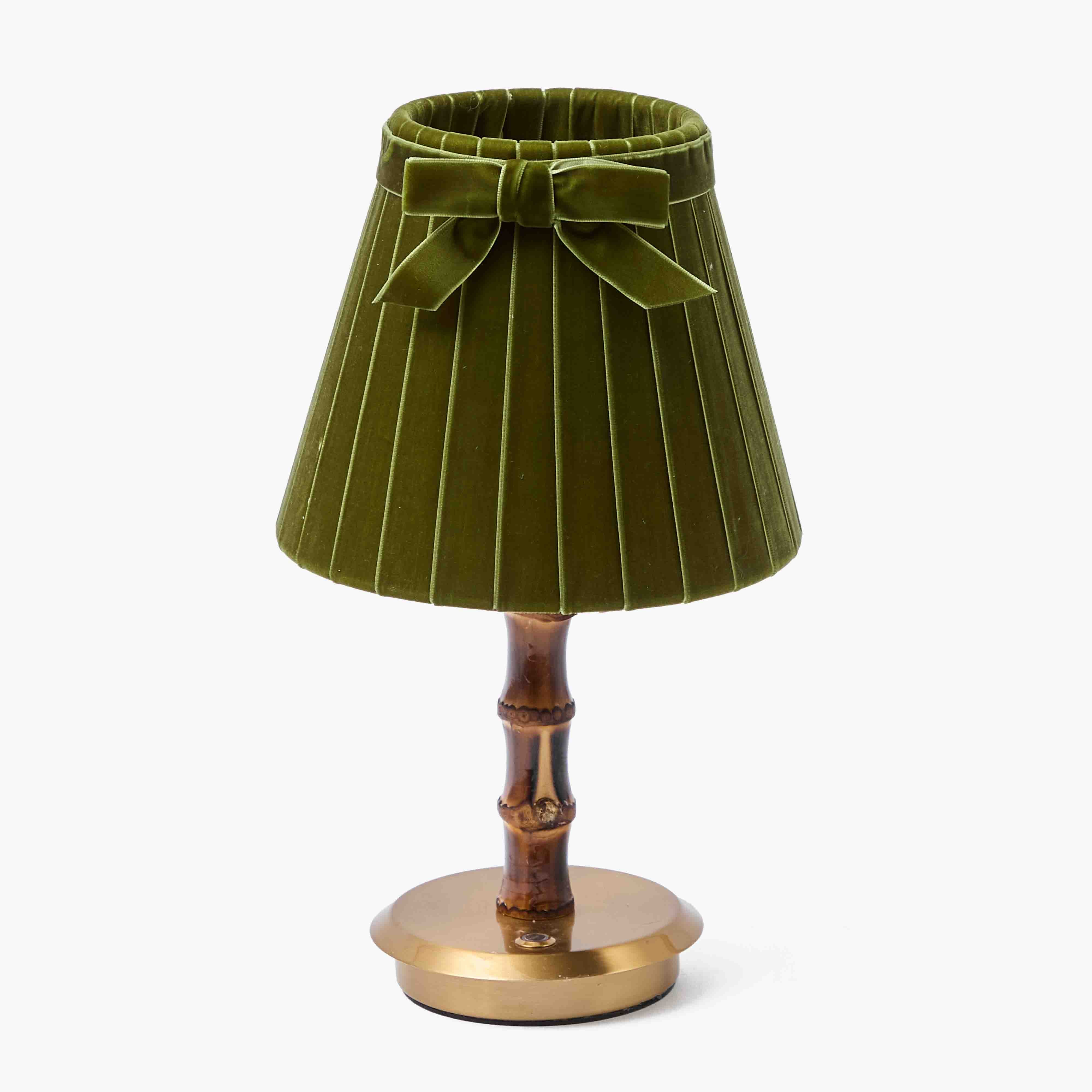 Burnt Bamboo Short Rechargeable Lamp with Olive Velvet Bow Shade (18cm)