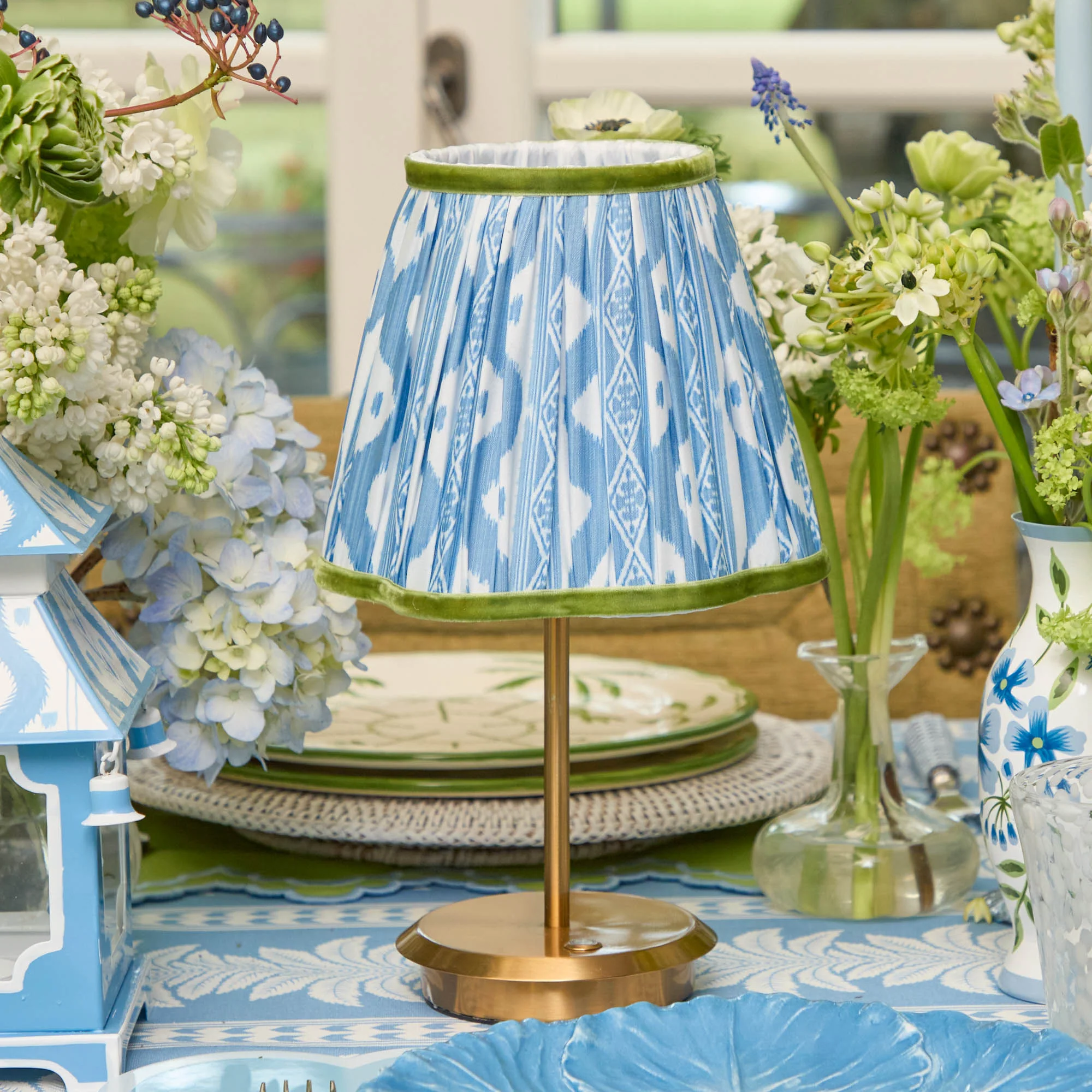 Short Rechargeable Lamp with Blue & Green Ikat Shade (18cm) - Image 2