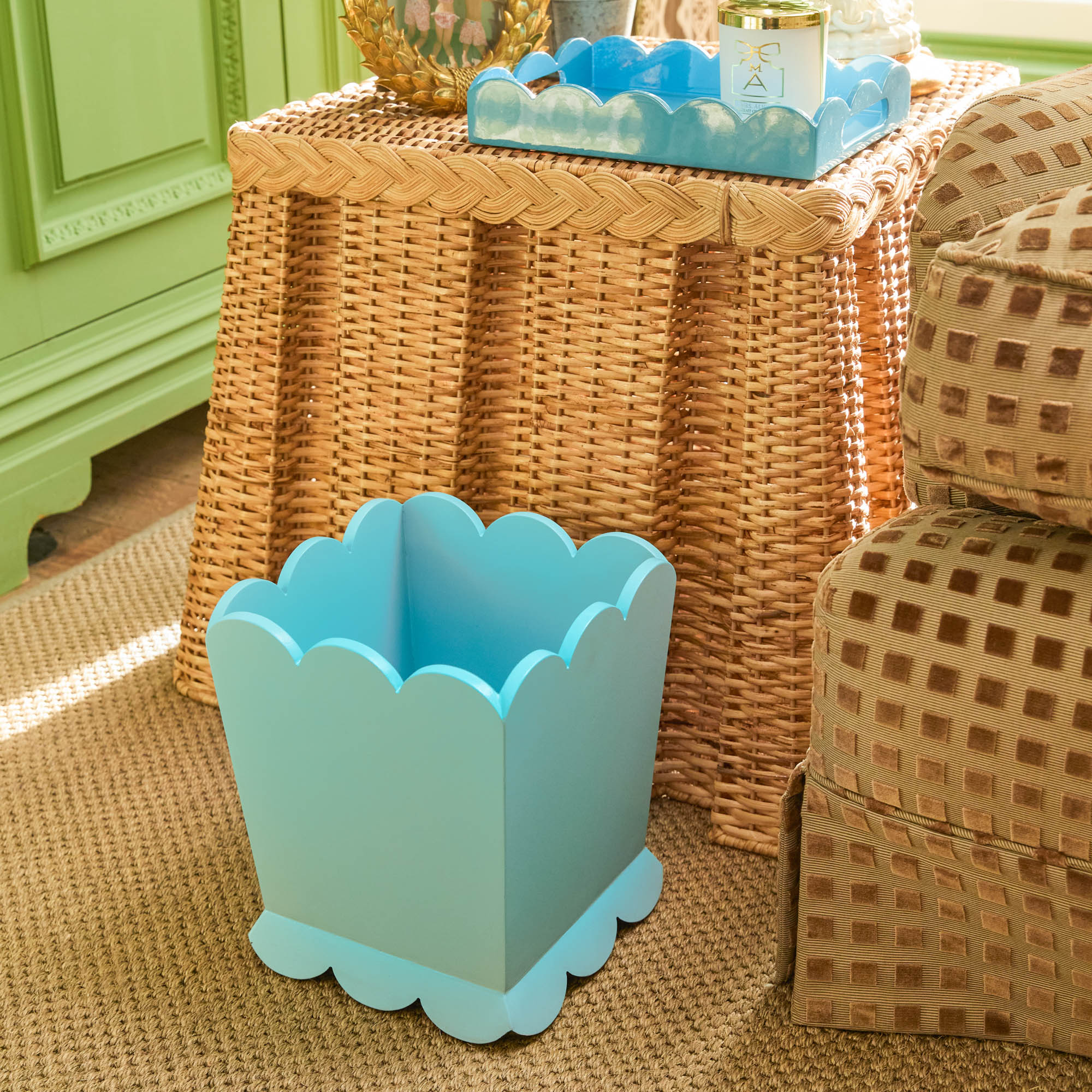 Soft Blue Scalloped Lacquer Waste Paper Bin - Image 4