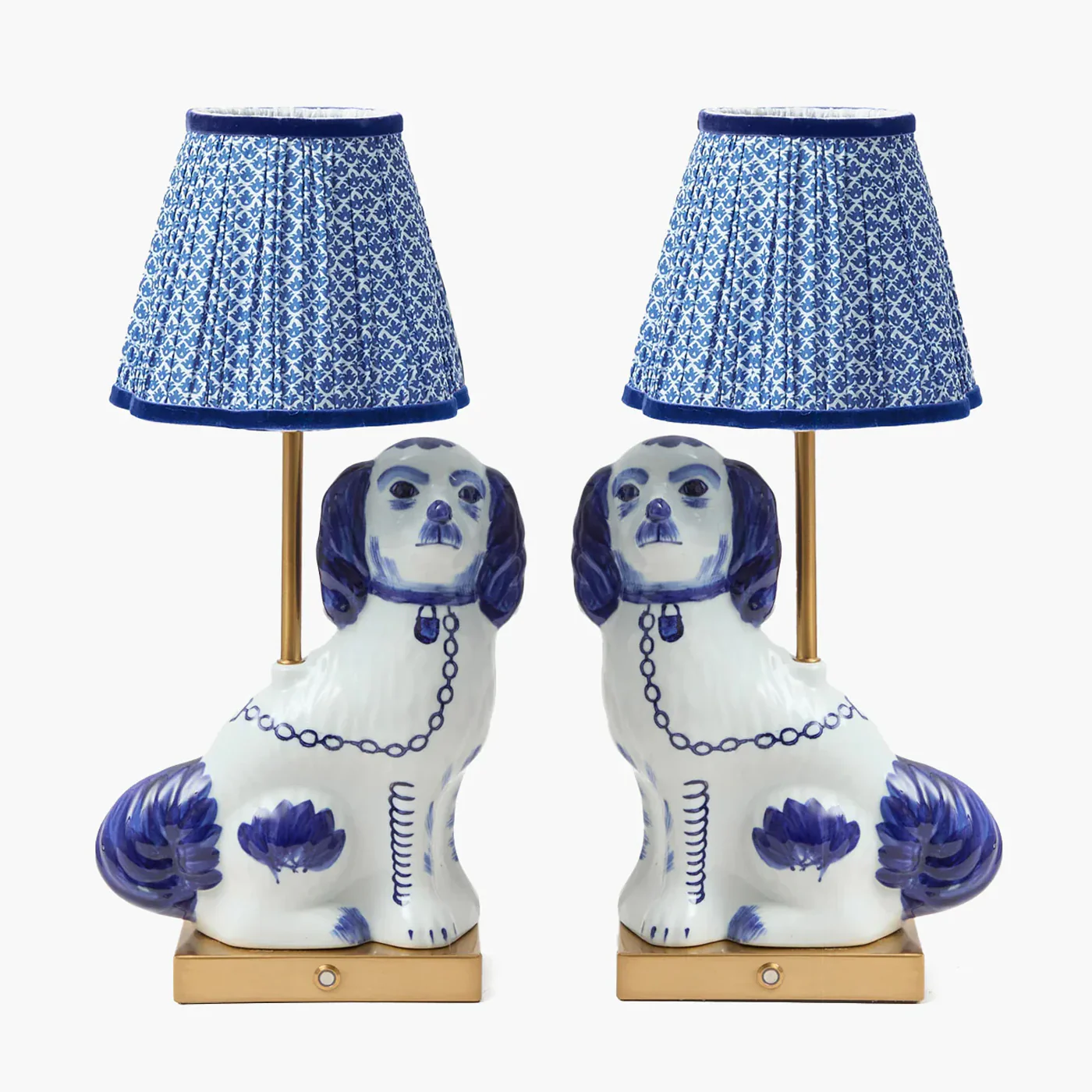 Pair of Staffordshire Dog Rechargeable Lamps with Cobalt Lotus Shade (18cm)